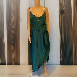 PrettyLittleThing Sz 24 Green Slip Dress Sheer SatinLace Ruched Coquette Babydol